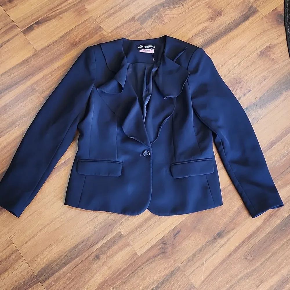 Navy Karl Lagerfeld Ruffle Lined Button Blazer